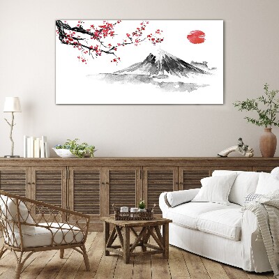 Glasbild Kirschblüten und Berglandschaft