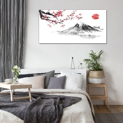 Glasbild Kirschblüten und Berglandschaft