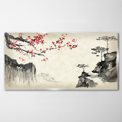 Glasbild Landschaft mit blühenden Zweigen
