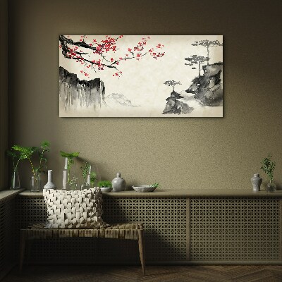 Glasbild Landschaft mit blühenden Zweigen