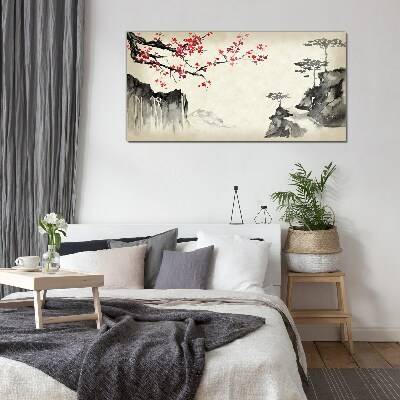 Glasbild Landschaft mit blühenden Zweigen