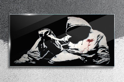 Glasbild Banksy-Messer Schwarz und Weiß