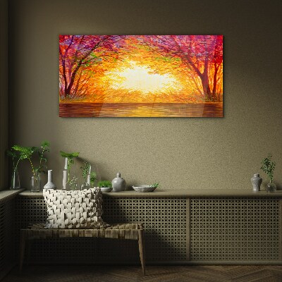 Foto auf glas Sonnenuntergang in einem bunten Wald