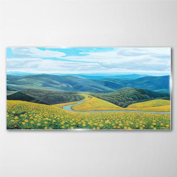 Glasbild Blumen Berge Bäume Landschaft