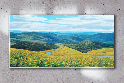 Glasbild Blumen Berge Bäume Landschaft