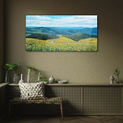 Glasbild Landschaft in gelben Blumen