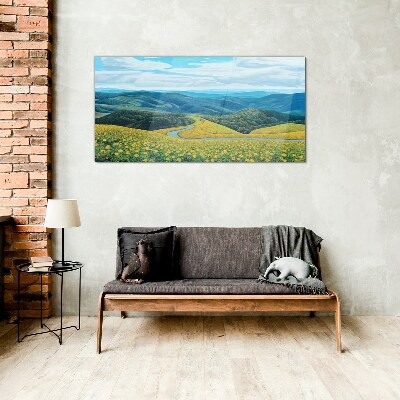 Glasbild Landschaft in gelben Blumen