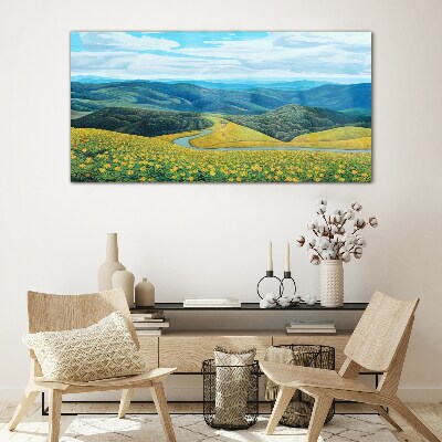 Glasbild Blumen Berge Bäume Landschaft