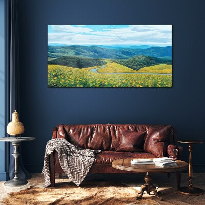 Glasbild Landschaft in gelben Blumen