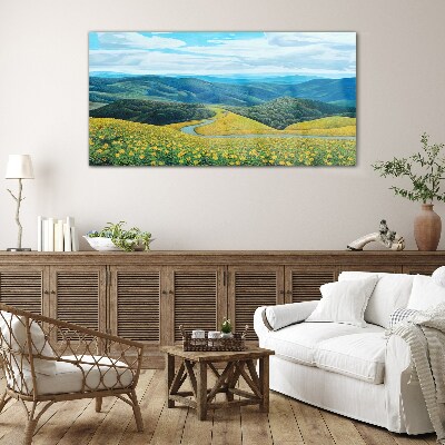 Glasbild Blumen Berge Bäume Landschaft