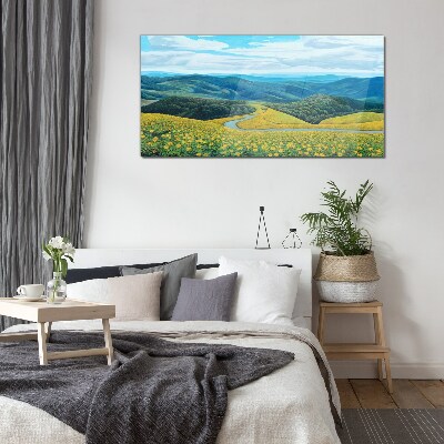 Glasbild Landschaft in gelben Blumen