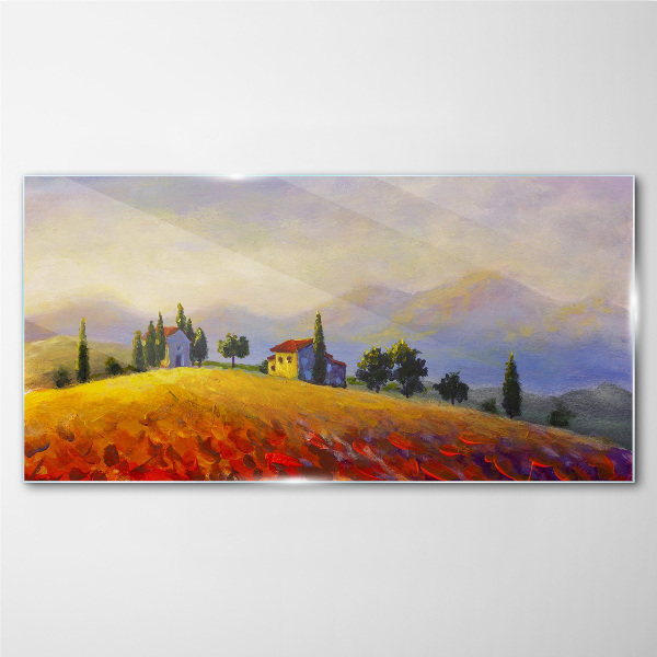 Glasbild Sonnige Landschaft mit Häusern auf einem Hügel