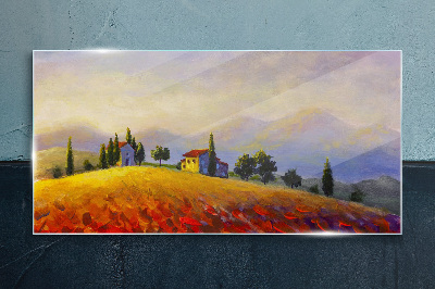 Glasbild Sonnige Landschaft mit Häusern auf einem Hügel
