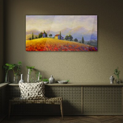 Glasbild Sonnige Landschaft mit Häusern auf einem Hügel