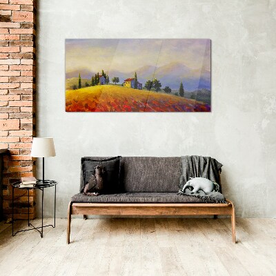 Glasbild Sonnige Landschaft mit Häusern auf einem Hügel