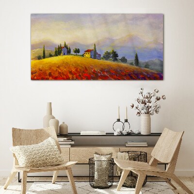 Glasbild Sonnige Landschaft mit Häusern auf einem Hügel