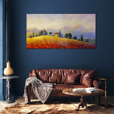 Glasbild Sonnige Landschaft mit Häusern auf einem Hügel