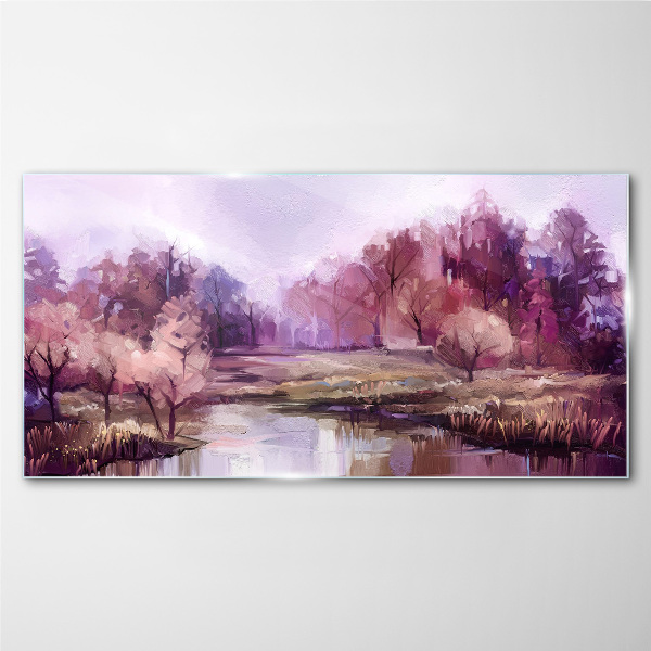 Glasbild Frühlingslandschaft in Rosatönen