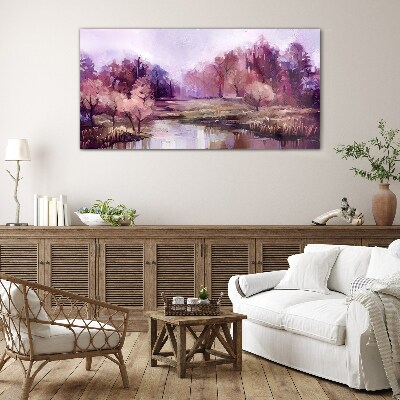Glasbild Frühlingslandschaft in Rosatönen