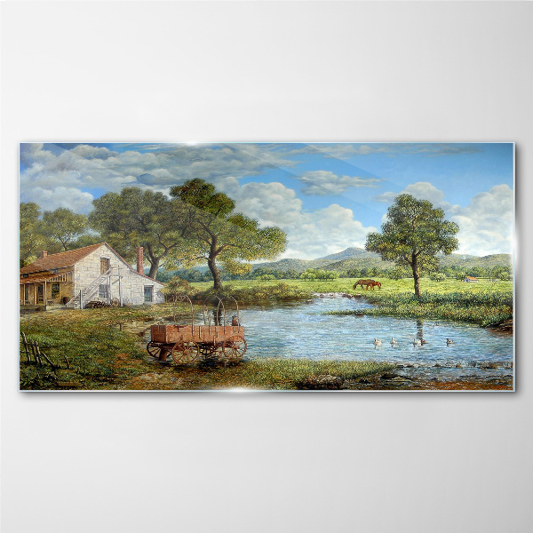 Glasbild Eine friedliche ländliche Landschaft mit einem Fluss