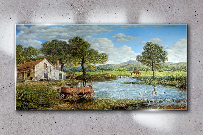 Glasbild Eine friedliche ländliche Landschaft mit einem Fluss