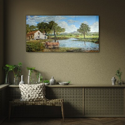 Glasbild Eine friedliche ländliche Landschaft mit einem Fluss