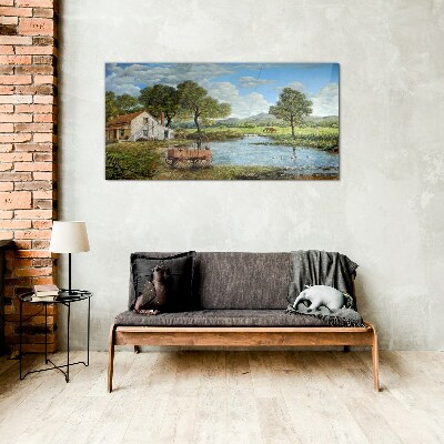 Glasbild Eine friedliche ländliche Landschaft mit einem Fluss