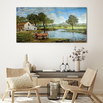Glasbild Eine friedliche ländliche Landschaft mit einem Fluss
