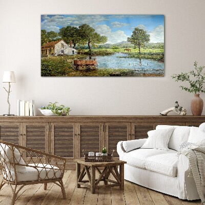 Glasbild Eine friedliche ländliche Landschaft mit einem Fluss