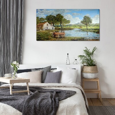 Glasbild Eine friedliche ländliche Landschaft mit einem Fluss