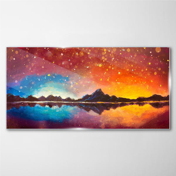 Glasbild Sonnenuntergang über einem Bergsee