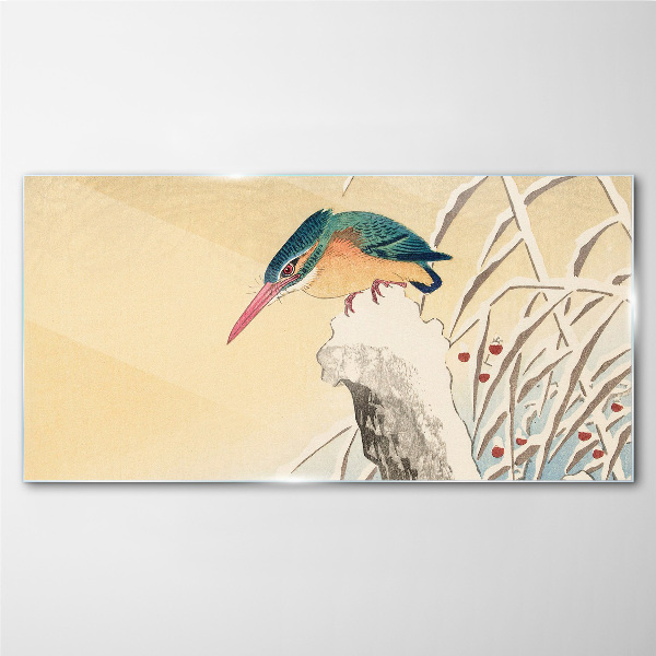 Glasbild Ein Vogel vor einer zarten Landschaft
