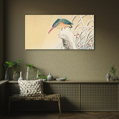 Glasbild Ein Vogel vor einer zarten Landschaft