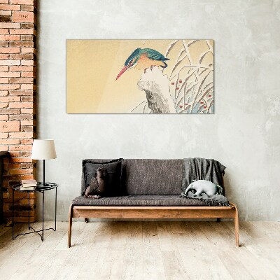 Glasbild Ein Vogel vor einer zarten Landschaft