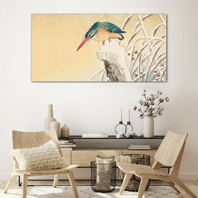 Glasbild Ein Vogel vor einer zarten Landschaft