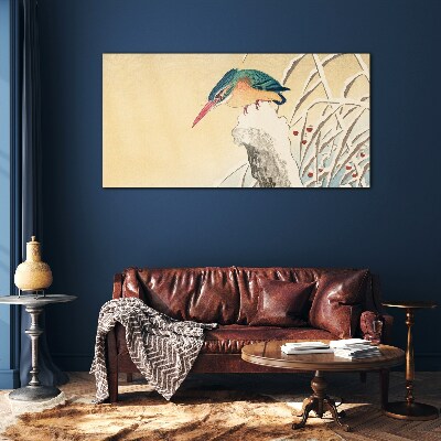 Glasbild Ein Vogel vor einer zarten Landschaft