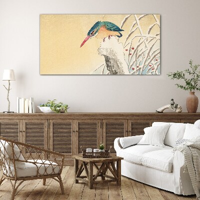 Glasbild Ein Vogel vor einer zarten Landschaft