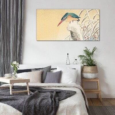 Glasbild Ein Vogel vor einer zarten Landschaft