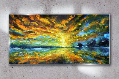 Glasbild Goldene Wolken über ruhigem Wasser