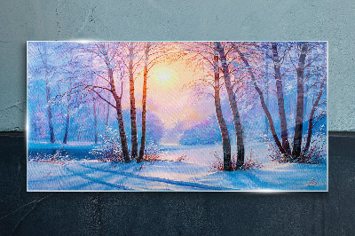 Glasbild Winterwald Sonnenuntergang Natur