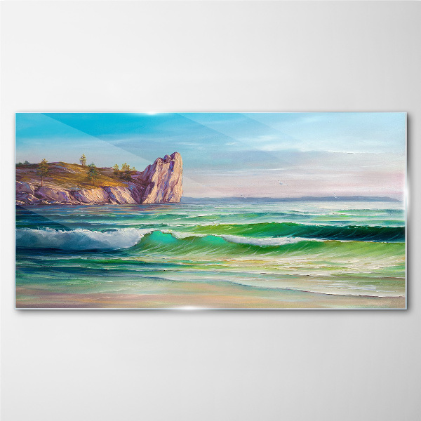 Glasbild Eine Welle in Grün und Blau