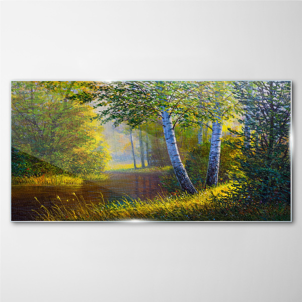 Glasbild Goldenes Licht am Flussufer