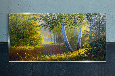 Glasbild Goldenes Licht am Flussufer