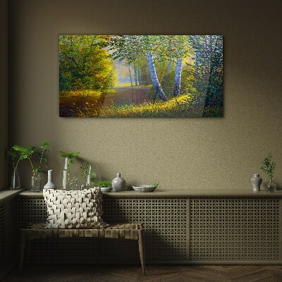 Glasbild Goldenes Licht am Flussufer