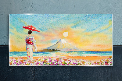 Glasbild Mount Fuji Japan Blumen