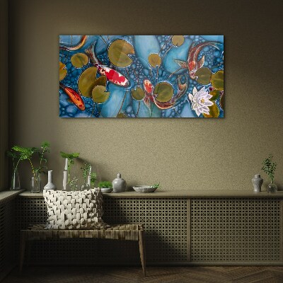 Glasbild Koi-Fisch-Blumen-Natur