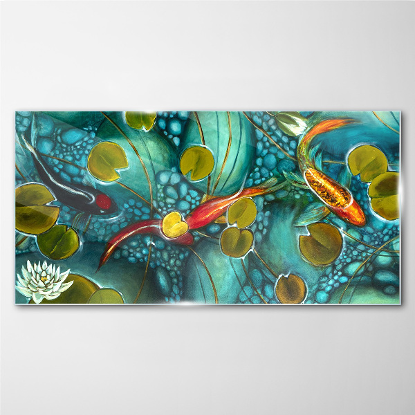 Bild auf glas Wasserspiegelungen mit Fischen und Seerosen