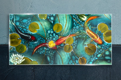 Bild auf glas Wasserspiegelungen mit Fischen und Seerosen