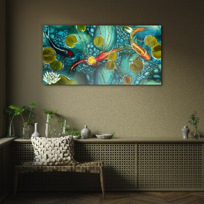 Bild auf glas Wasserspiegelungen mit Fischen und Seerosen