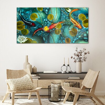 Bild auf glas Wasserspiegelungen mit Fischen und Seerosen